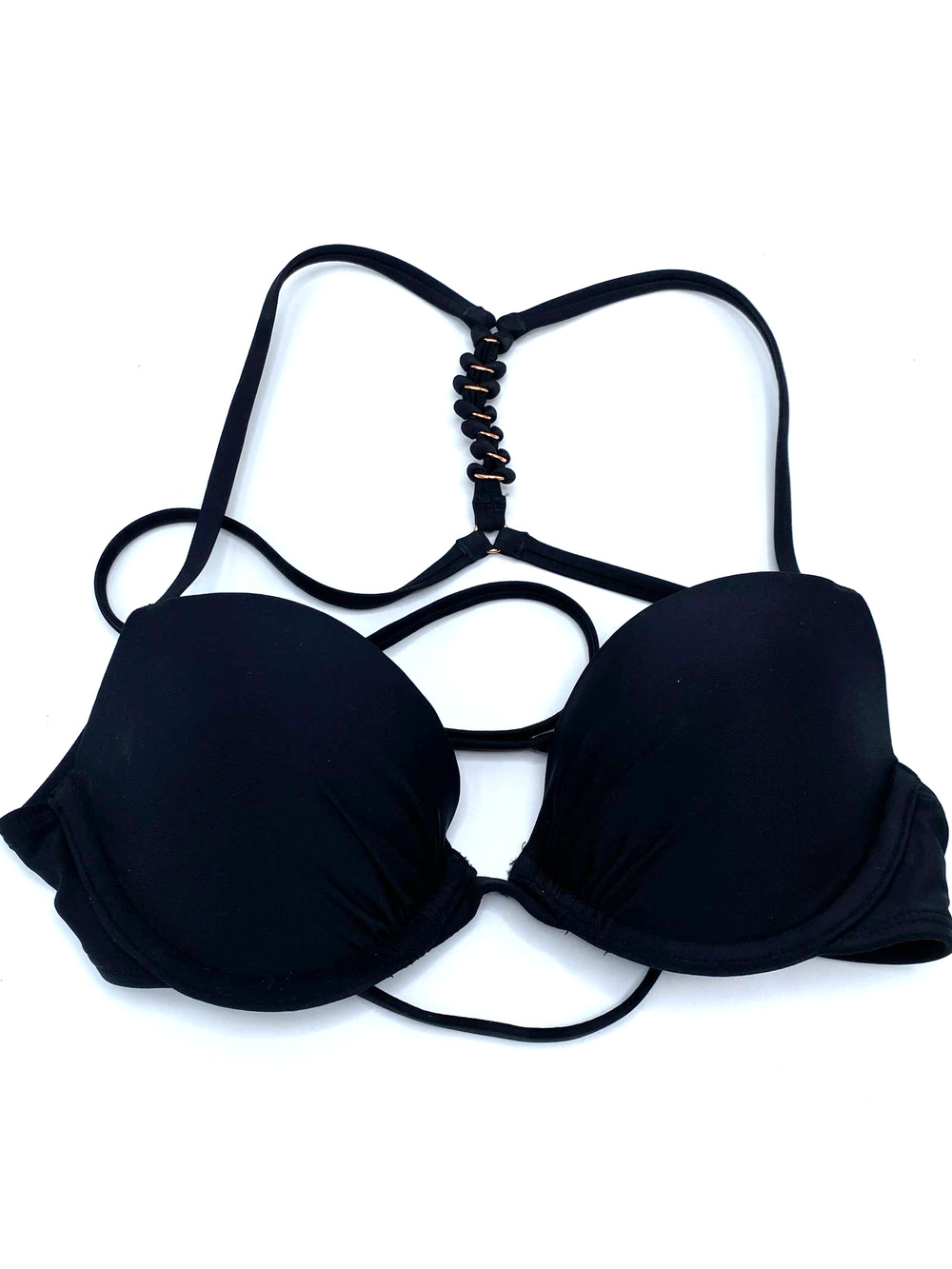 Aerie Bikini Top Womens 32B Perkier Pushup Black String Knotted T Back Swimwear
